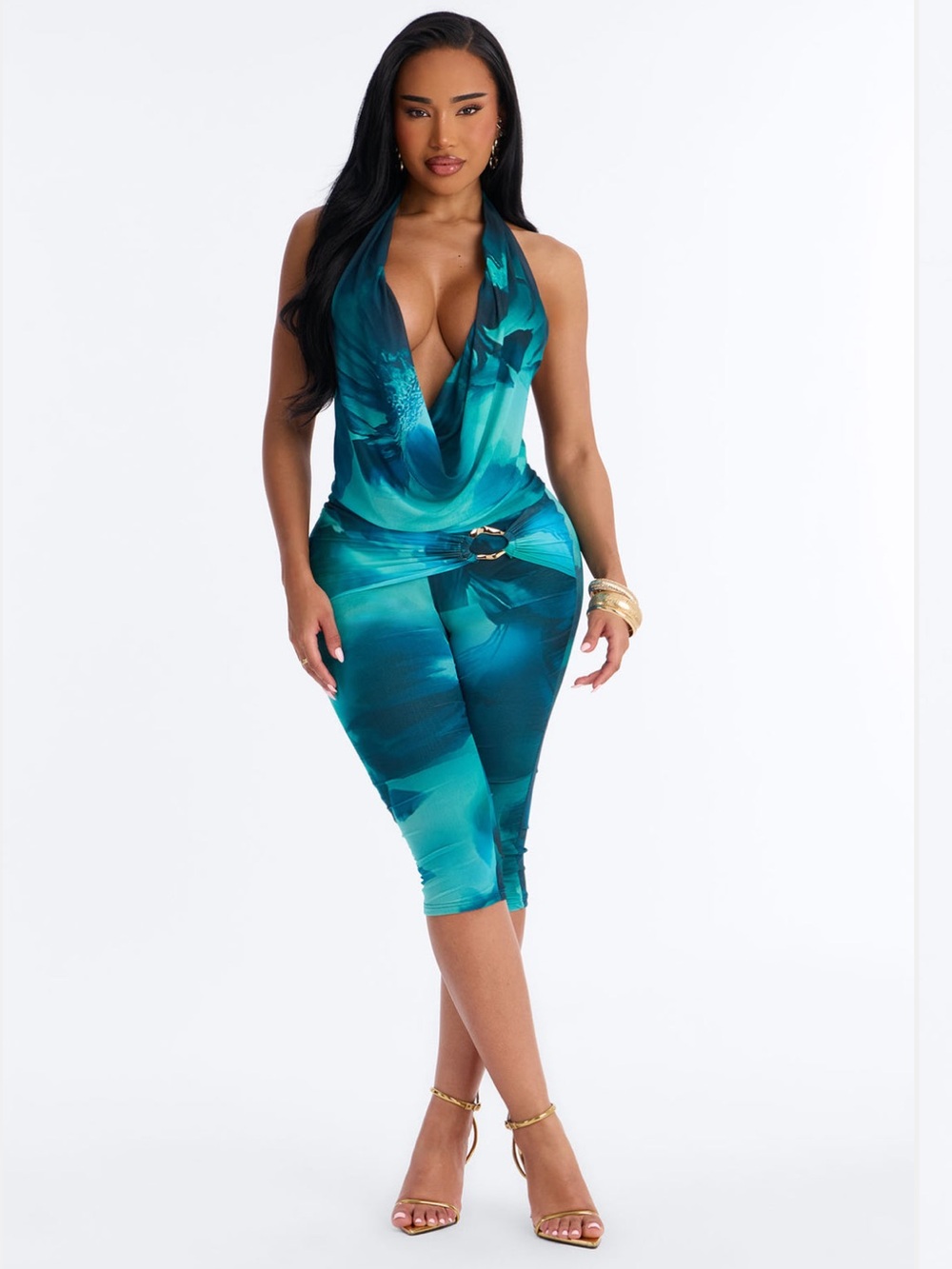 Fashion Nova Teal Blue Green Printed Capri Jumpsuit